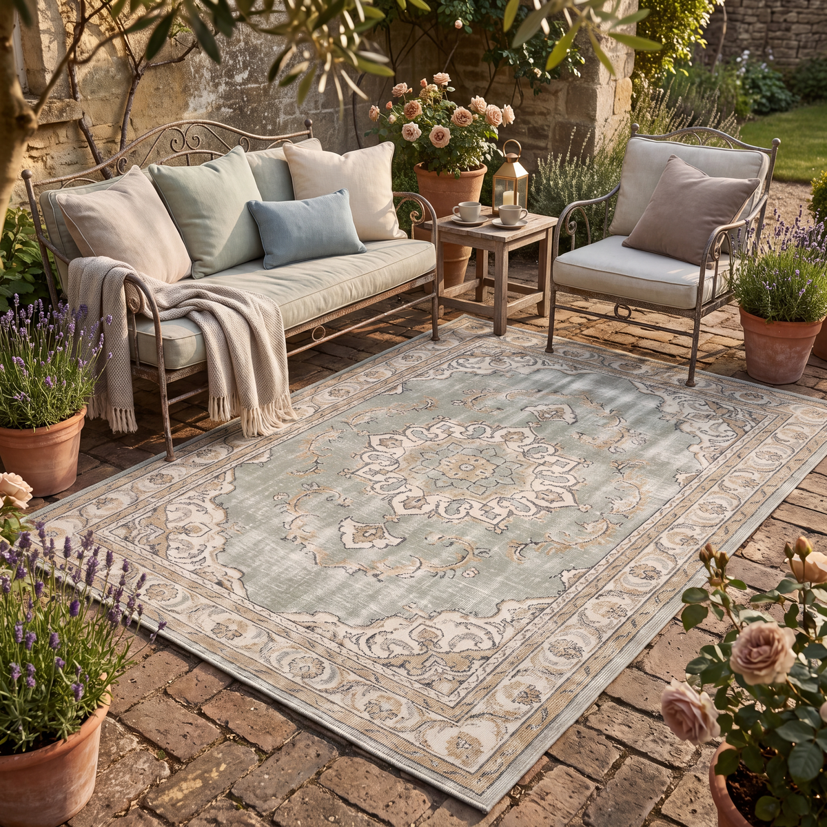 The rug laid flat on a patio beside outdoor seating.