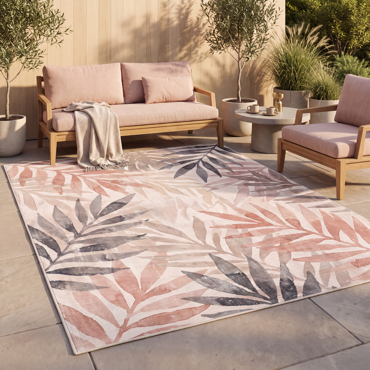 The rug laid flat on a patio beside outdoor seating.