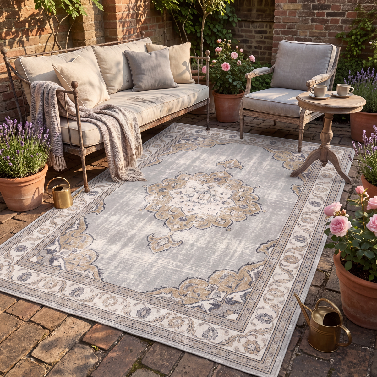 The rug laid flat on a patio beside outdoor seating.