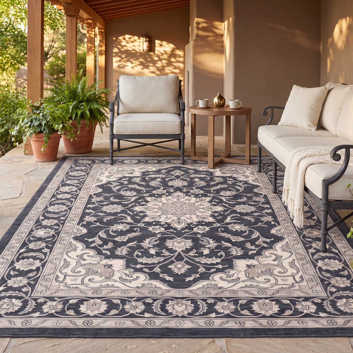 The rug laid flat on a patio beside outdoor seating.