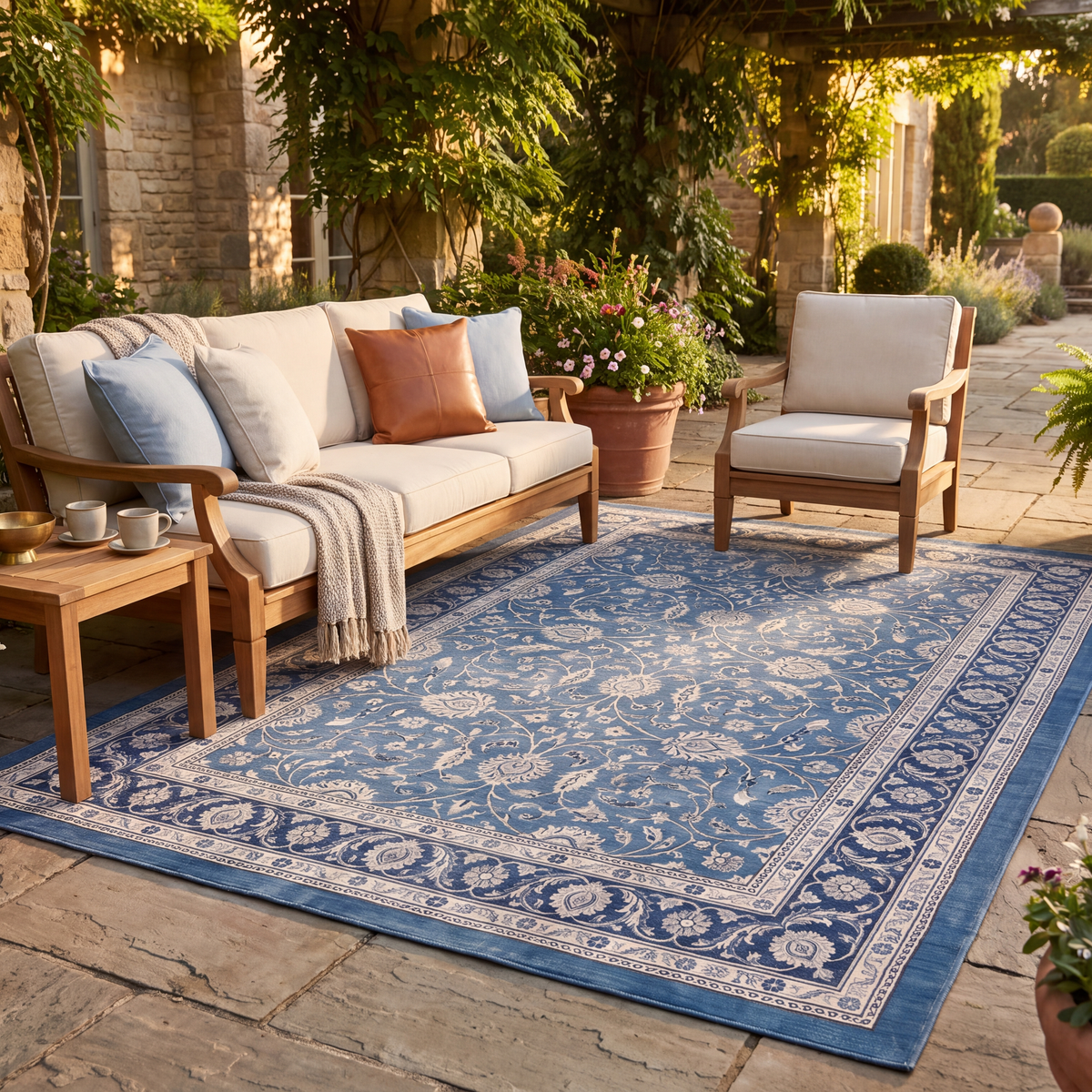 The rug laid flat on a patio beside outdoor seating.