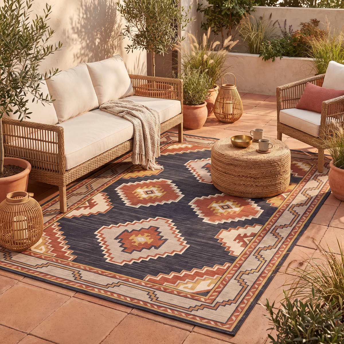 The rug laid flat on a patio beside outdoor seating.