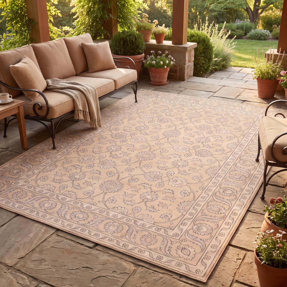 The rug laid flat on a patio beside outdoor seating.