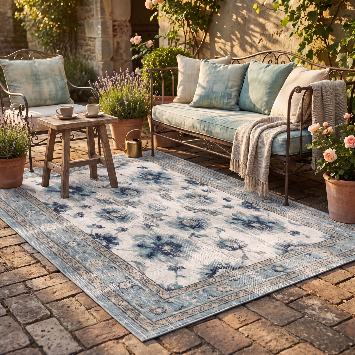 The rug laid flat on a patio beside outdoor seating.