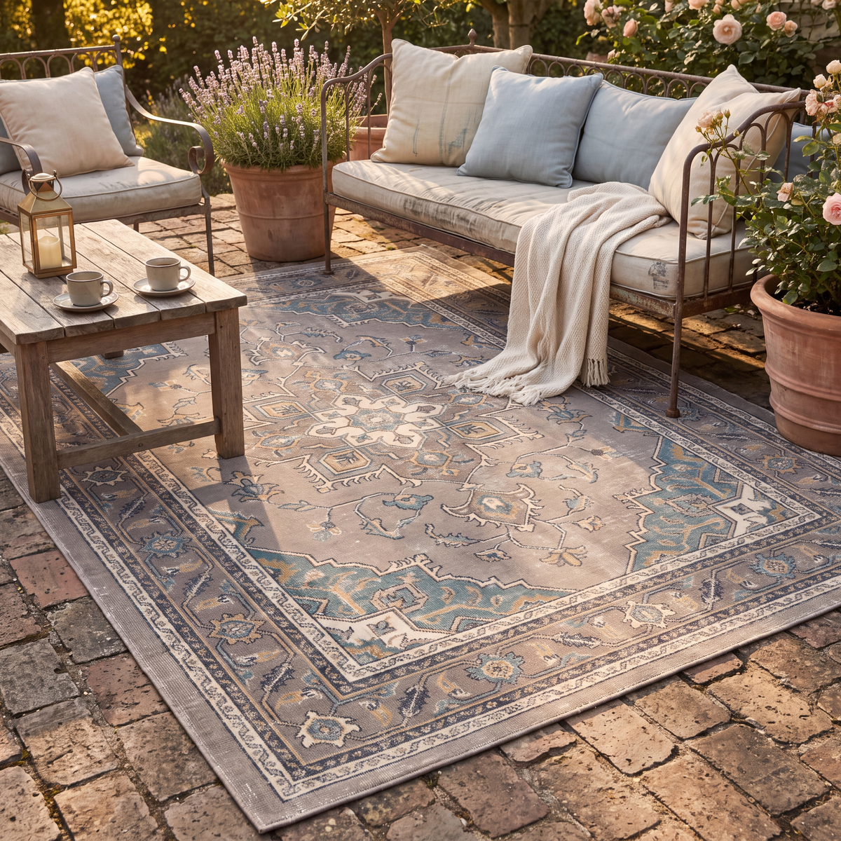 The rug laid flat on a patio beside outdoor seating.