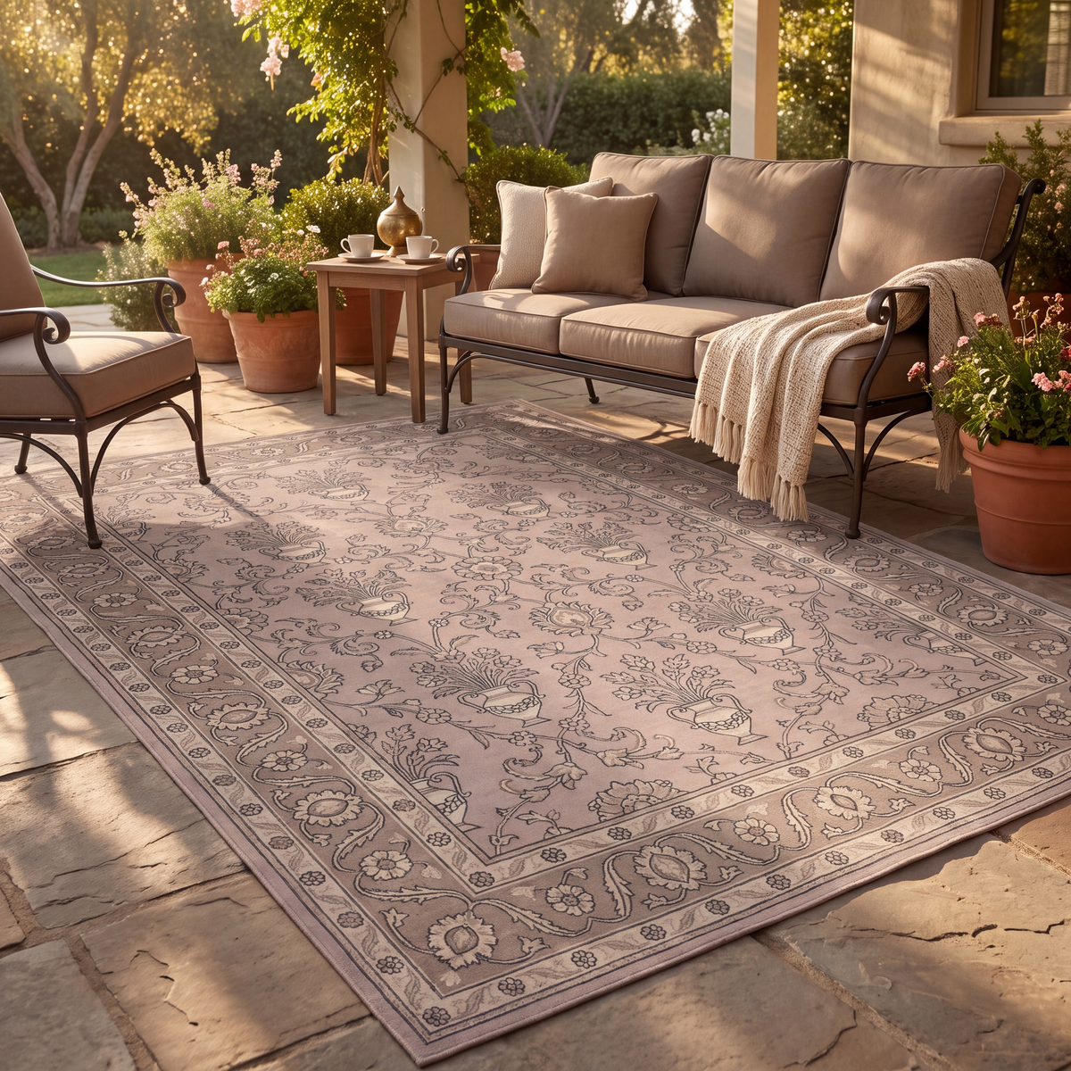 The rug laid flat on a patio beside outdoor seating.