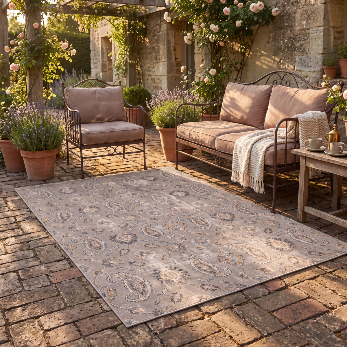The rug laid flat on a patio beside outdoor seating.