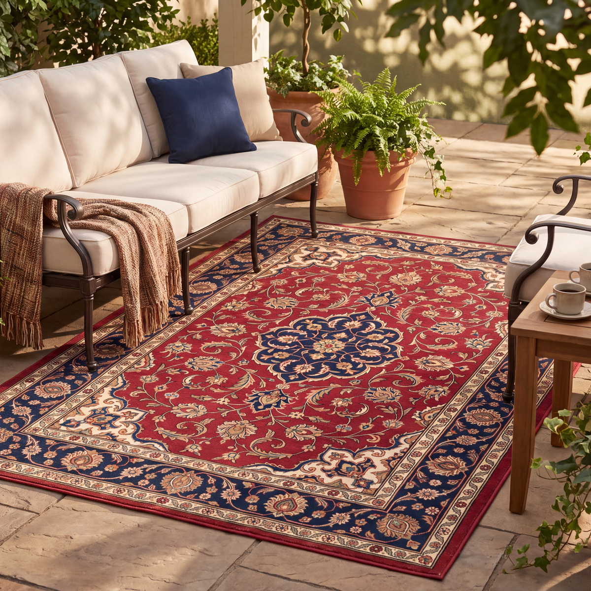 The rug laid flat on a patio beside outdoor seating.