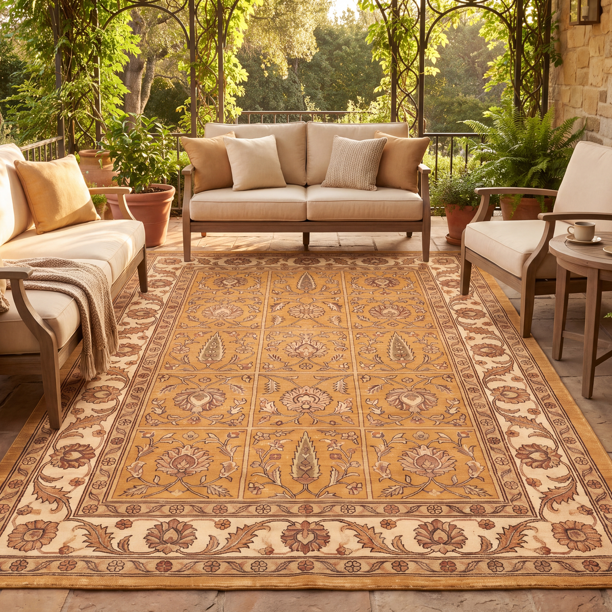 The rug laid flat on a patio beside outdoor seating.