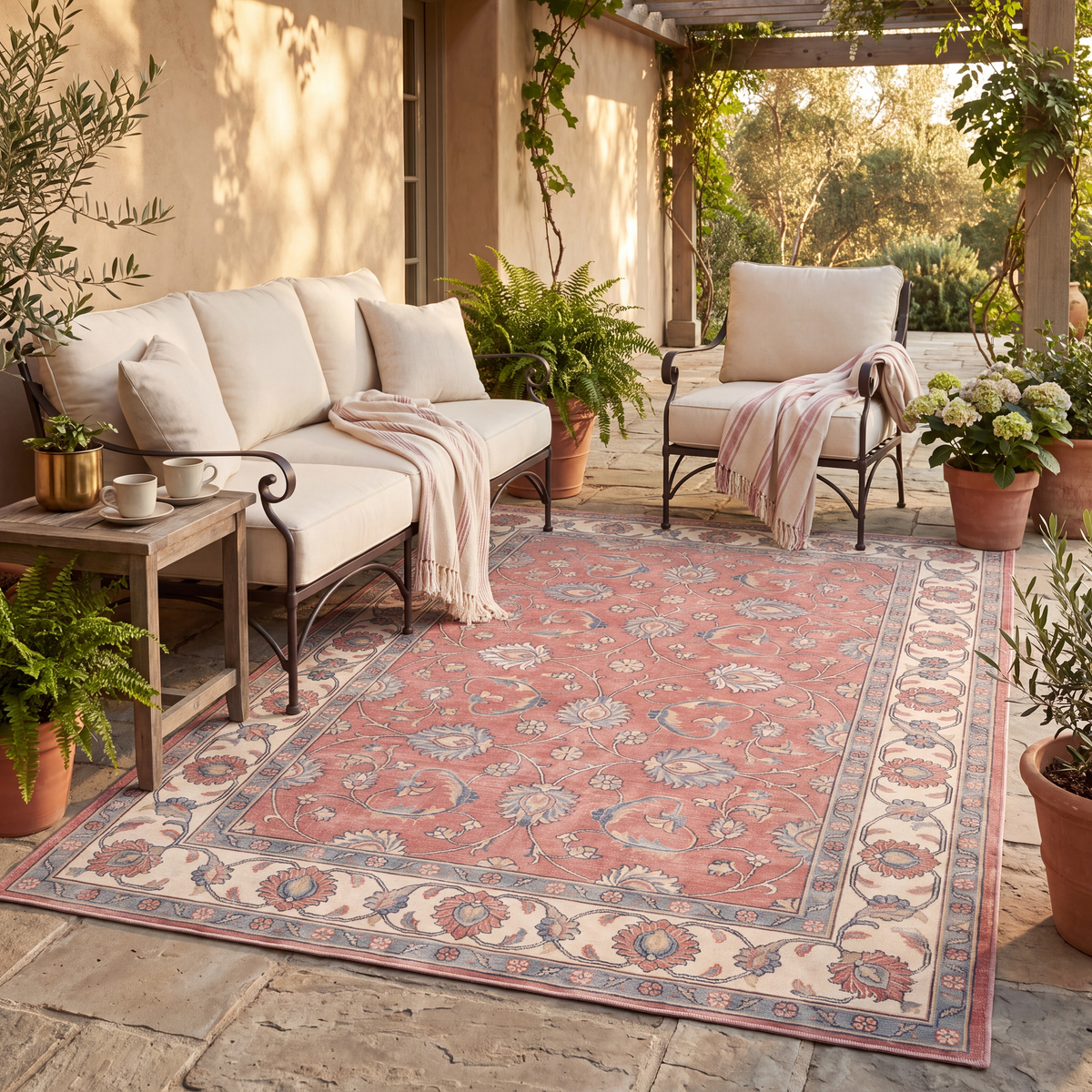 The rug laid flat on a patio beside outdoor seating.