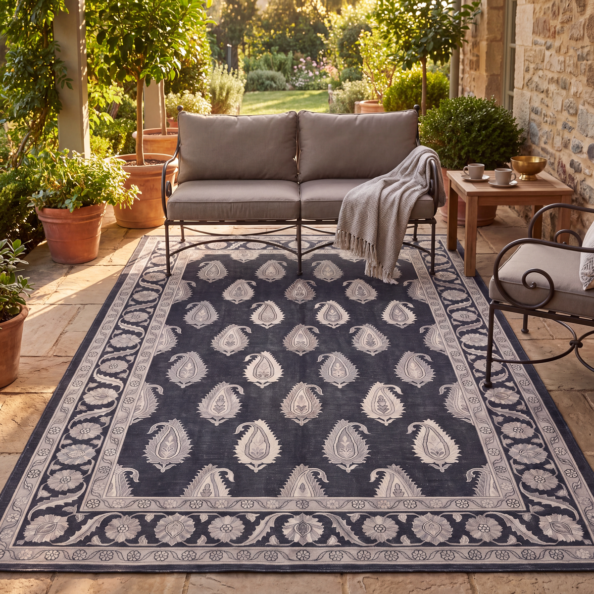 The rug laid flat on a patio beside outdoor seating.