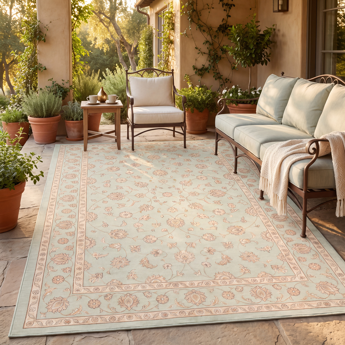 The rug laid flat on a patio beside outdoor seating.