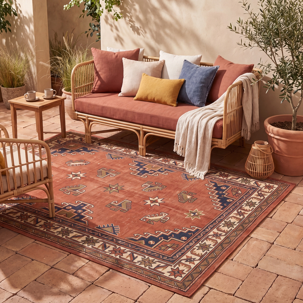The rug laid flat on a patio beside outdoor seating.
