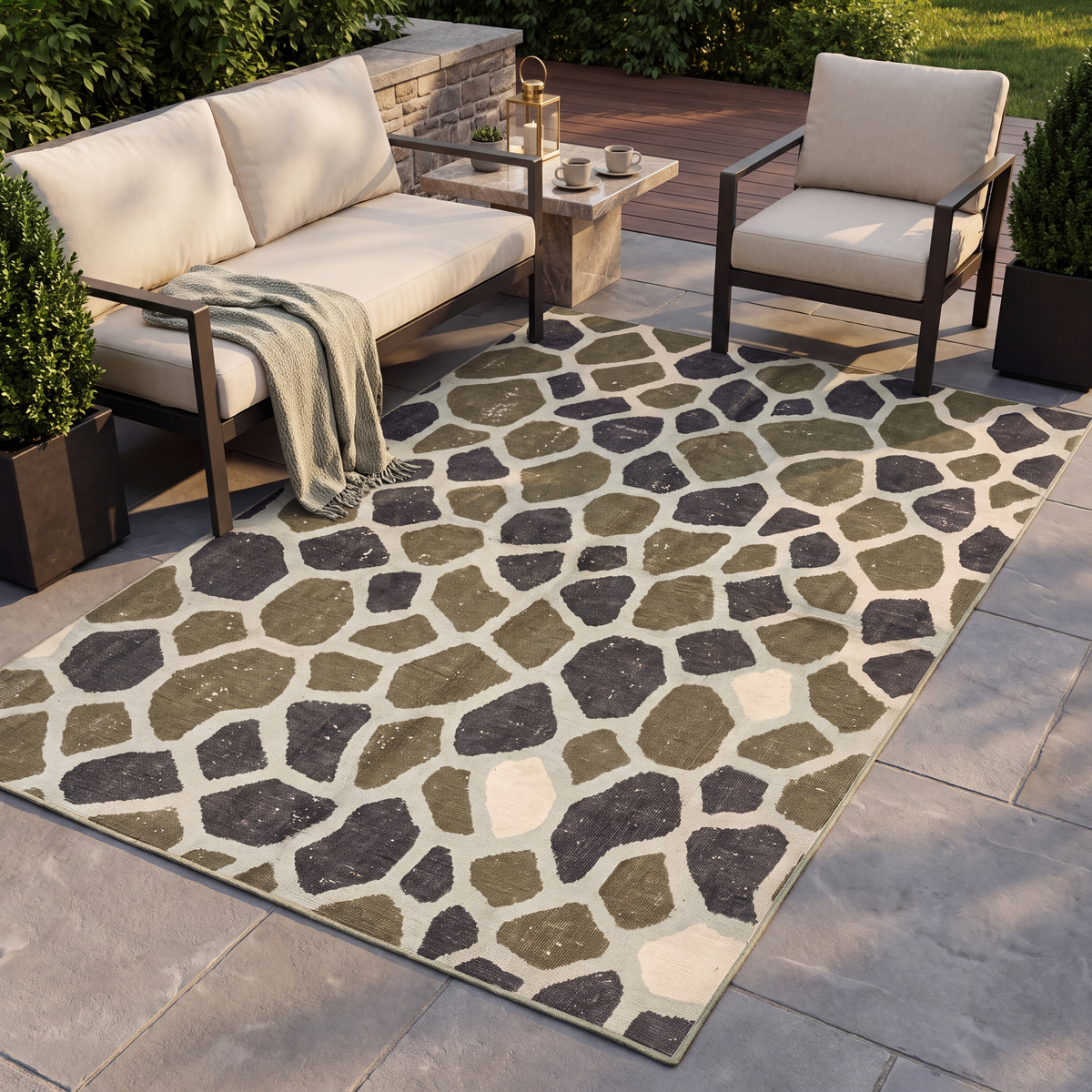 The rug laid flat on a patio beside outdoor seating.