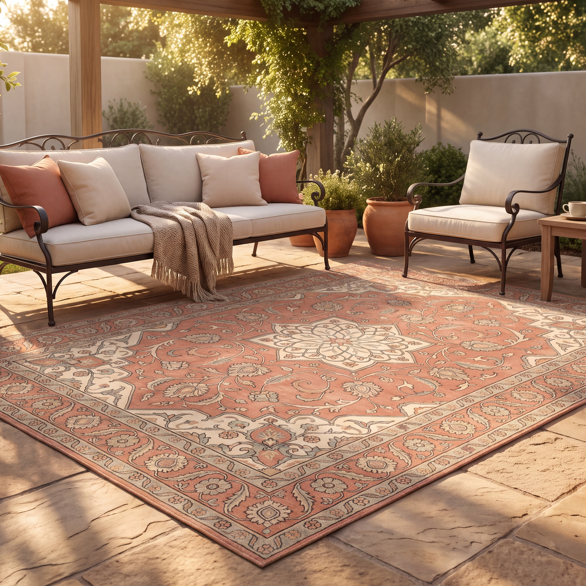 The rug laid flat on a patio beside outdoor seating.