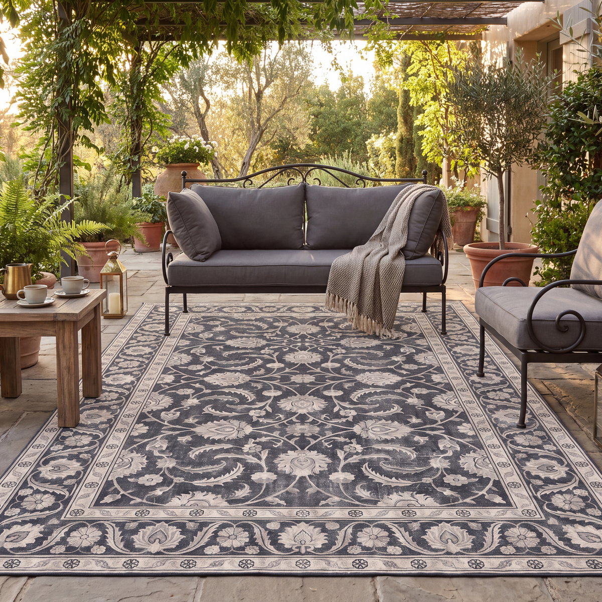 The rug laid flat on a patio beside outdoor seating.