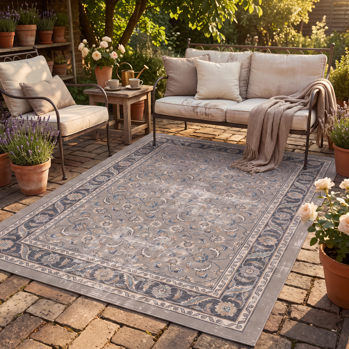 The rug laid flat on a patio beside outdoor seating.