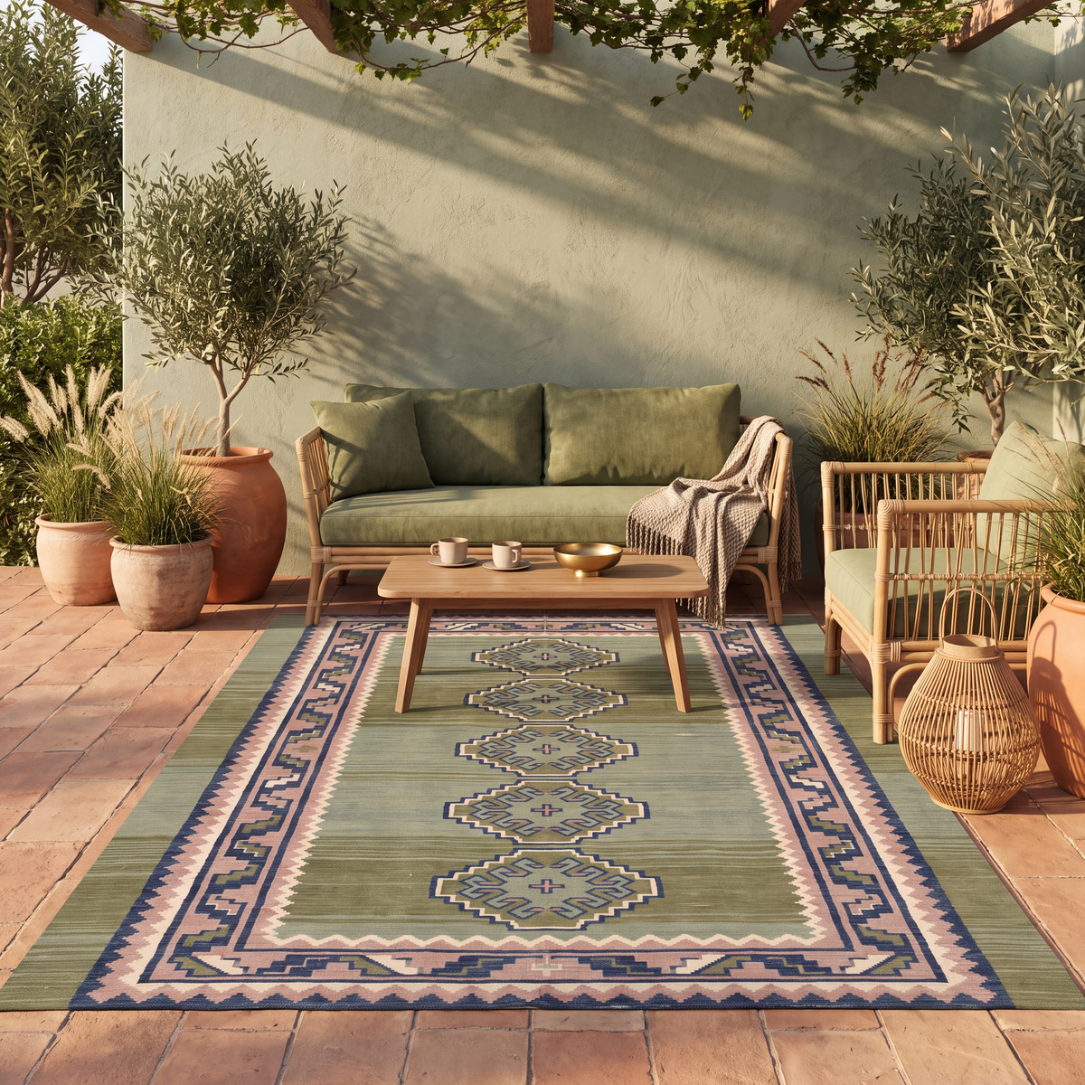 The rug laid flat on a patio beside outdoor seating.