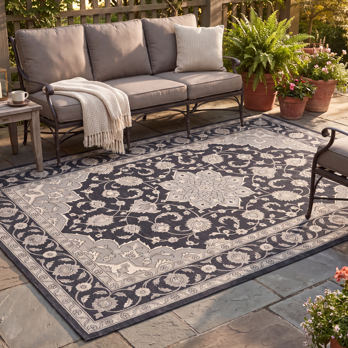 The rug laid flat on a patio beside outdoor seating.