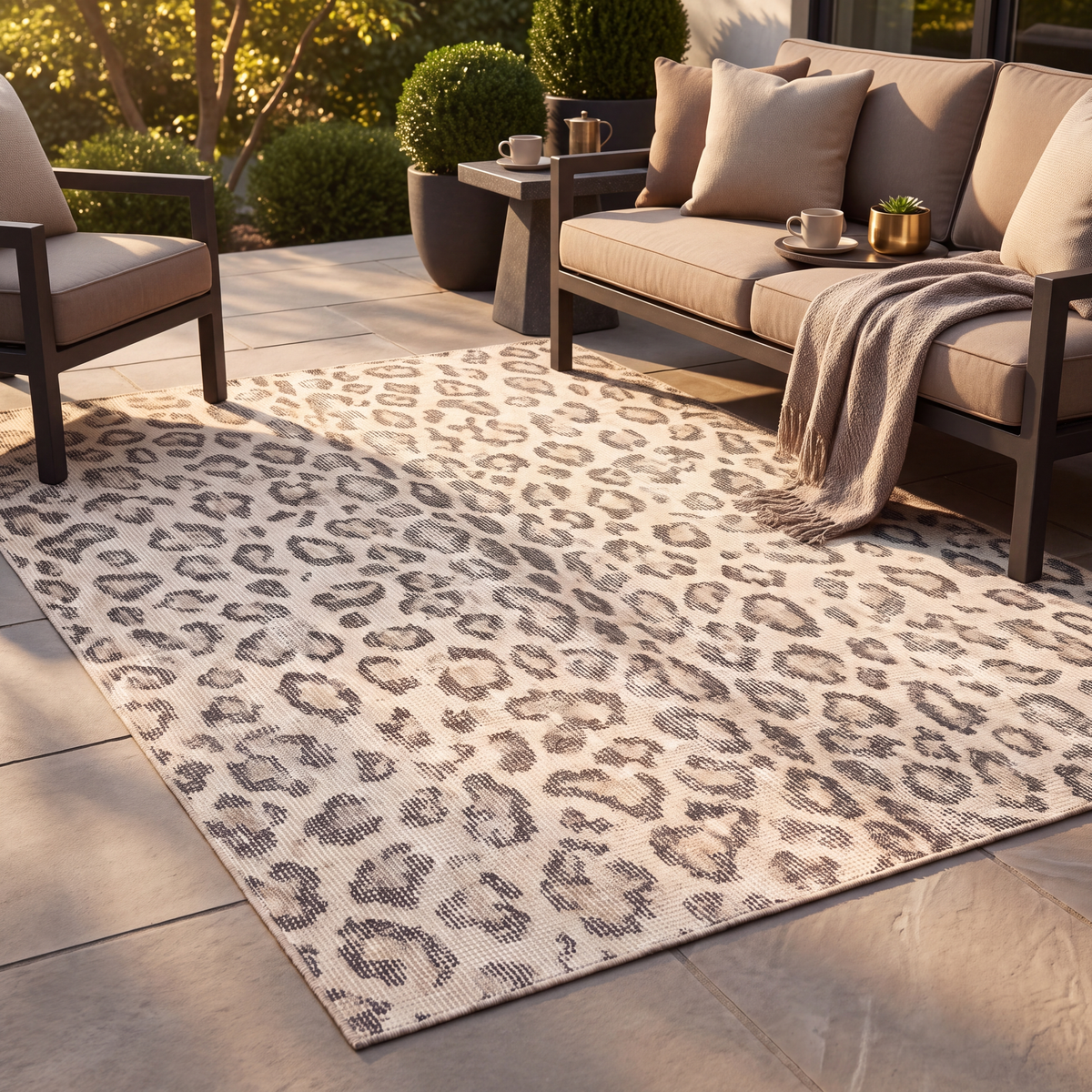 The rug laid flat on a patio beside outdoor seating.