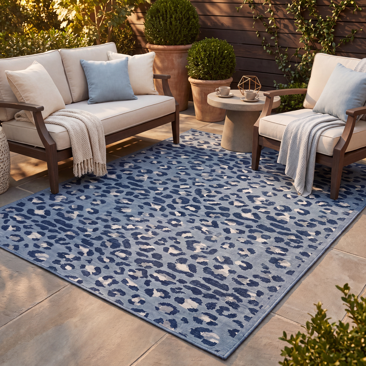 The rug laid flat on a patio beside outdoor seating.