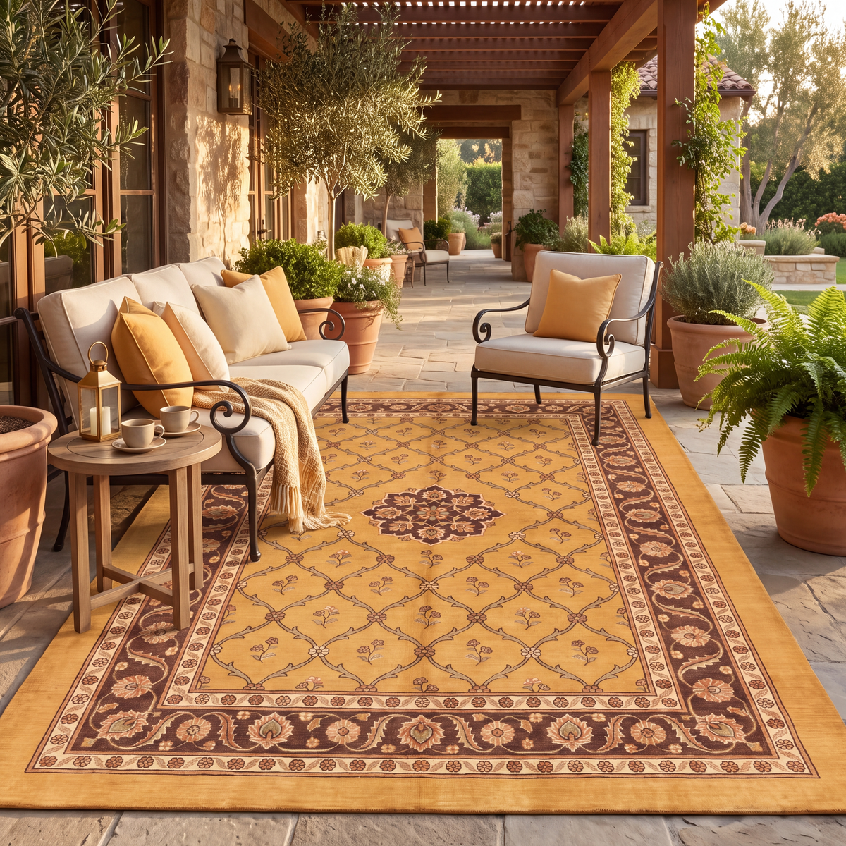 The rug laid flat on a patio beside outdoor seating.