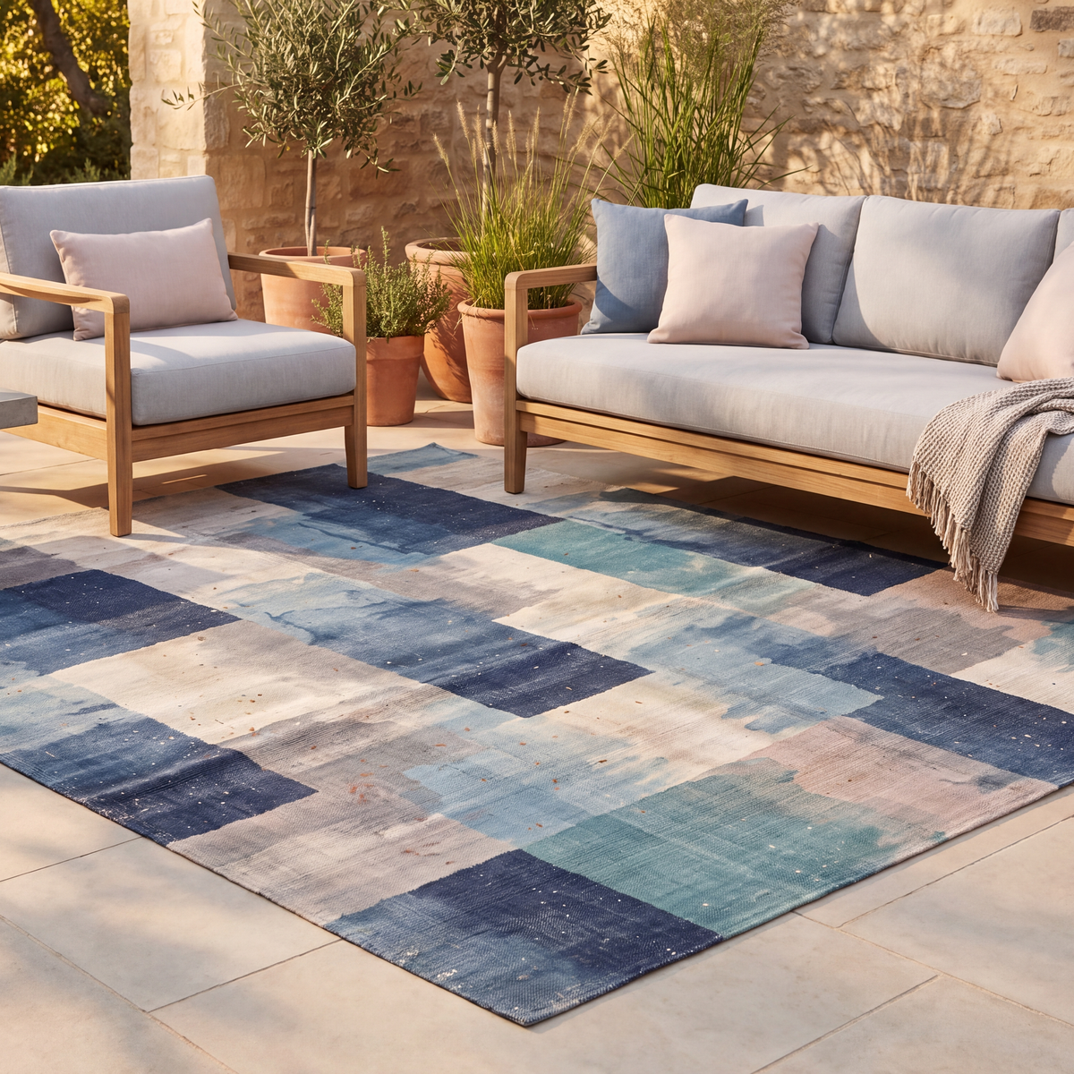 The rug laid flat on a patio beside outdoor seating.