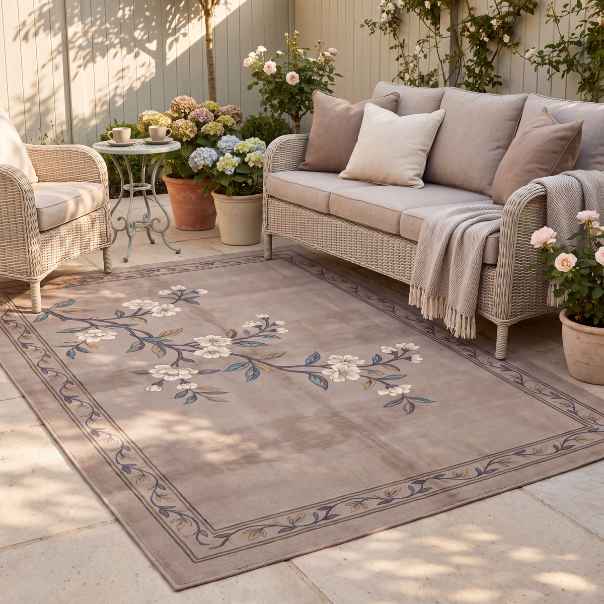 The rug laid flat on a patio beside outdoor seating.