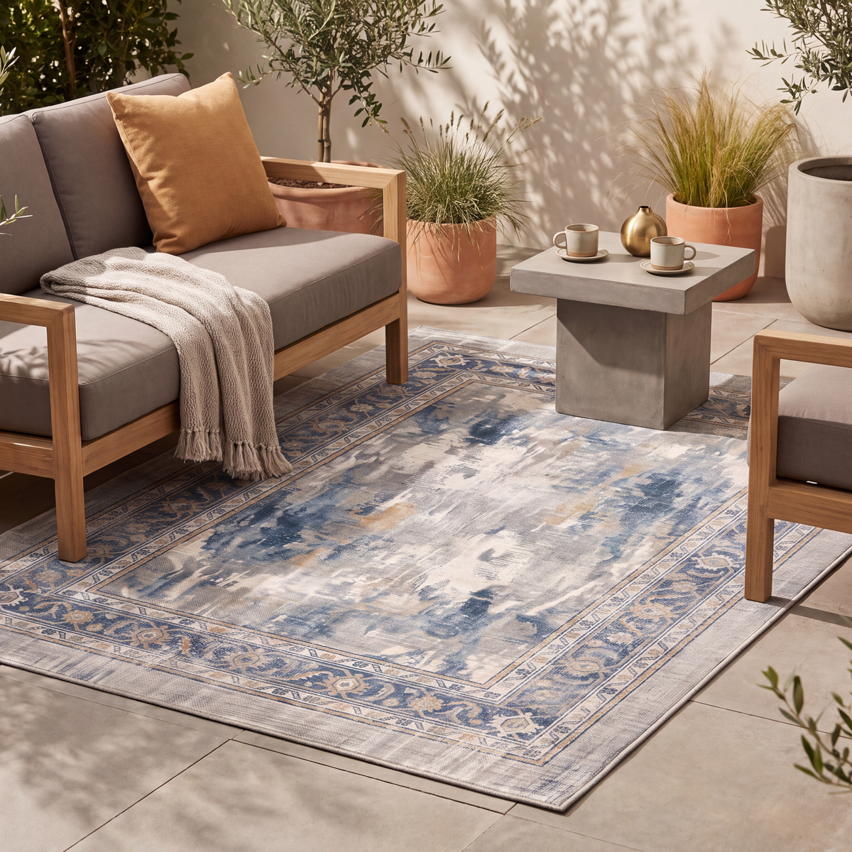 The rug laid flat on a patio beside outdoor seating.