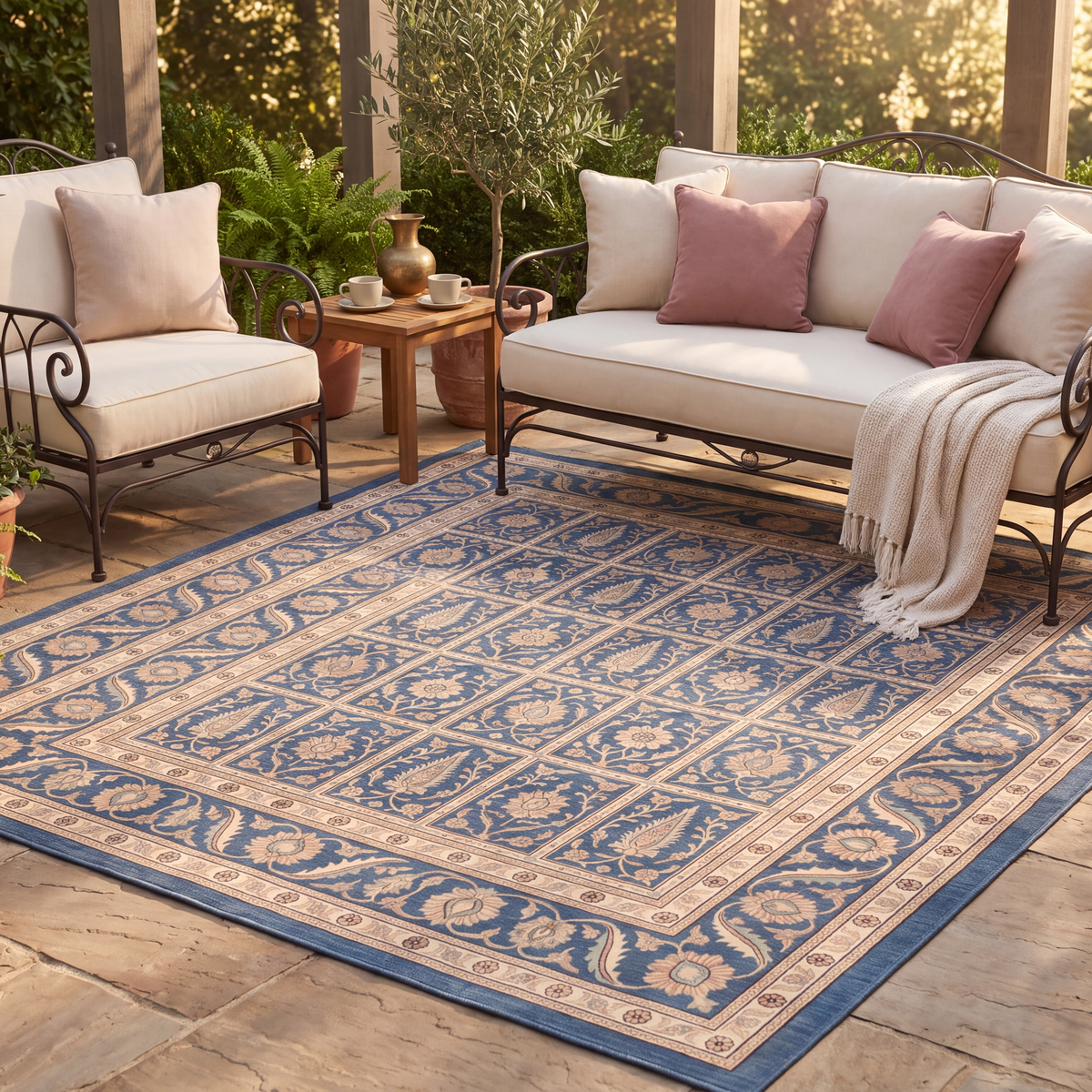 The rug laid flat on a patio beside outdoor seating.