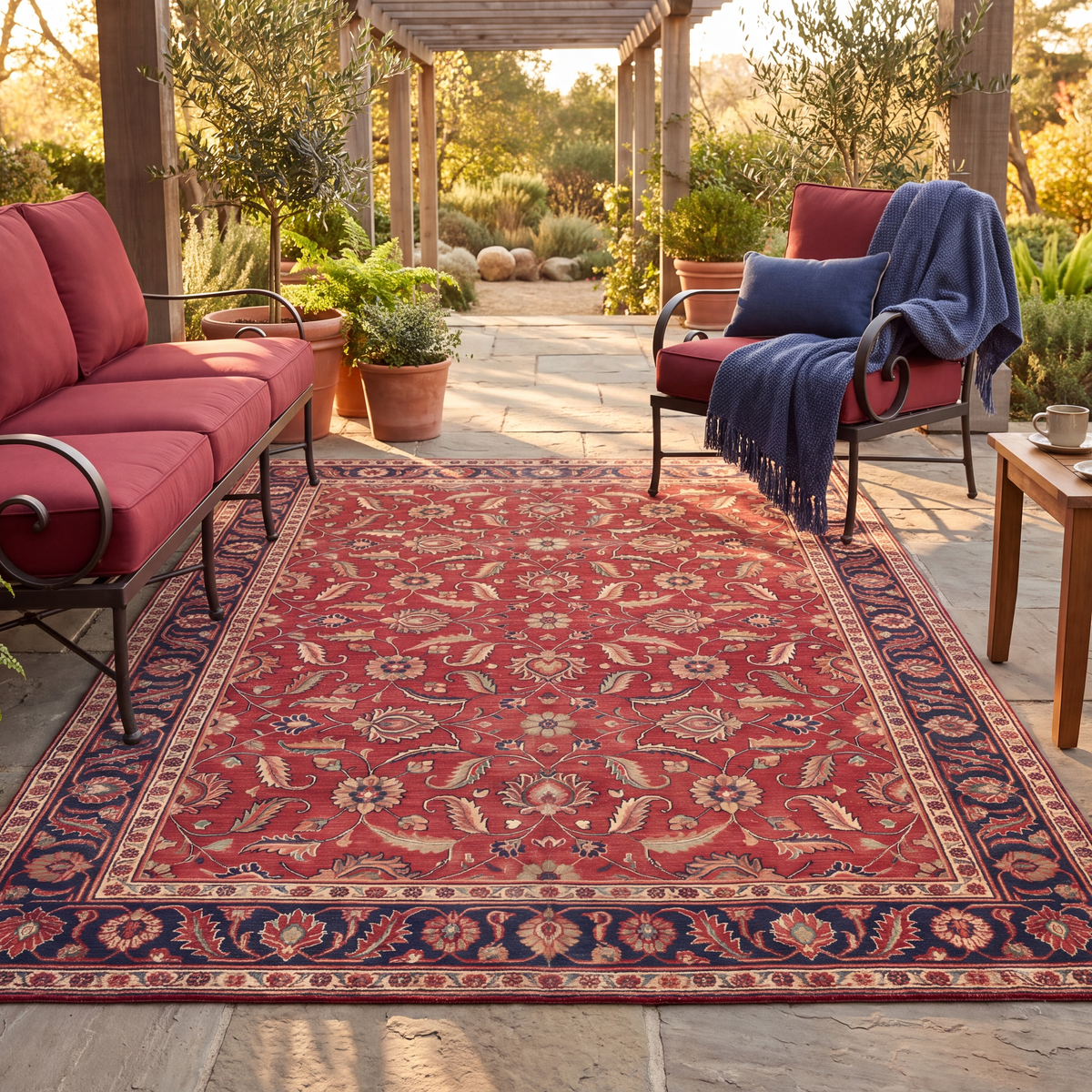 The rug laid flat on a patio beside outdoor seating.