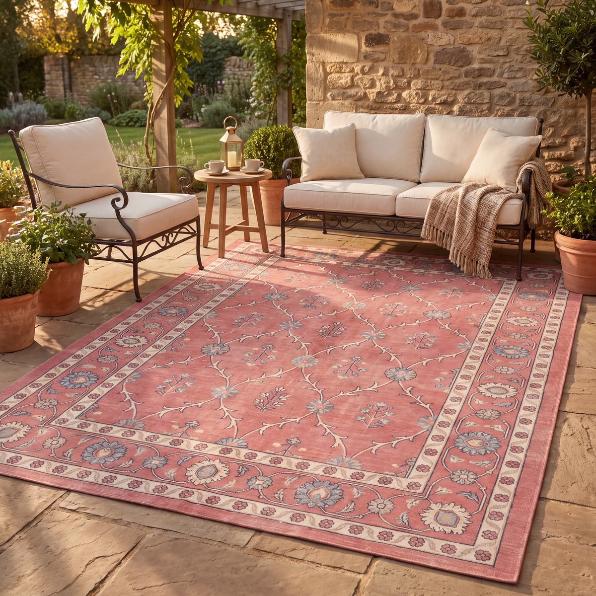 The rug laid flat on a patio beside outdoor seating.