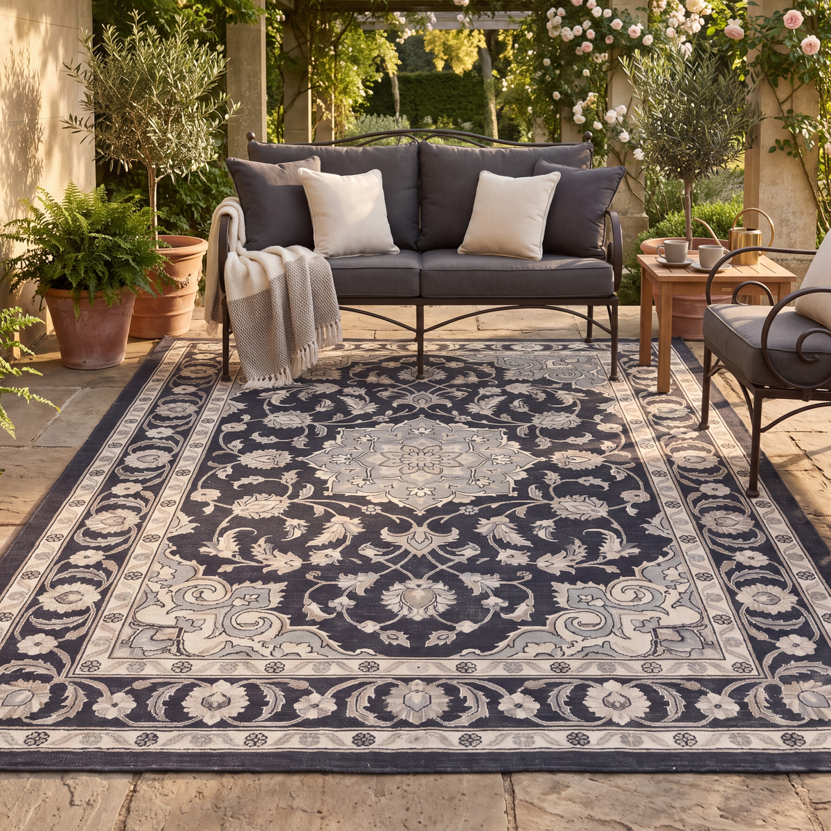 The rug laid flat on a patio beside outdoor seating.