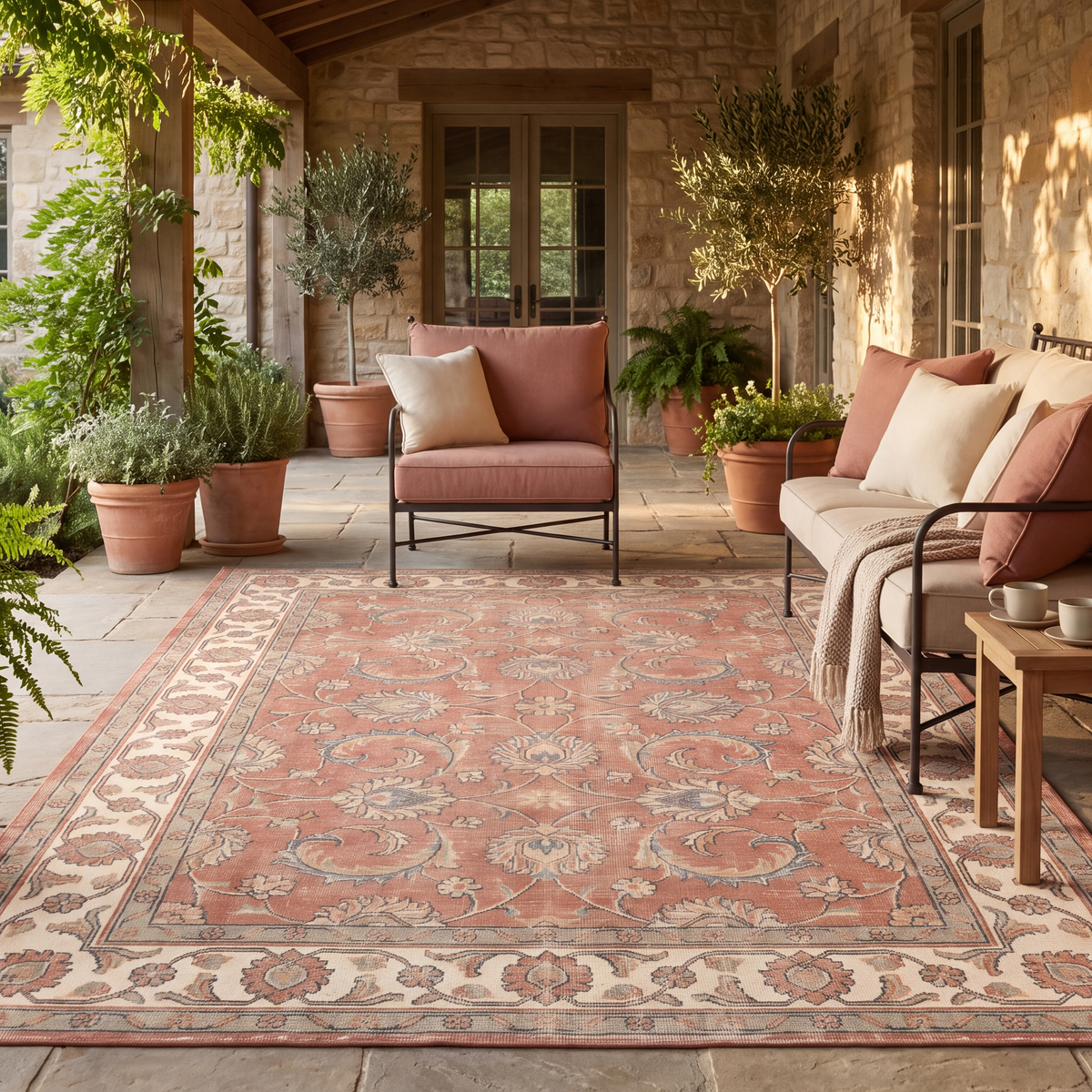 The rug laid flat on a patio beside outdoor seating.