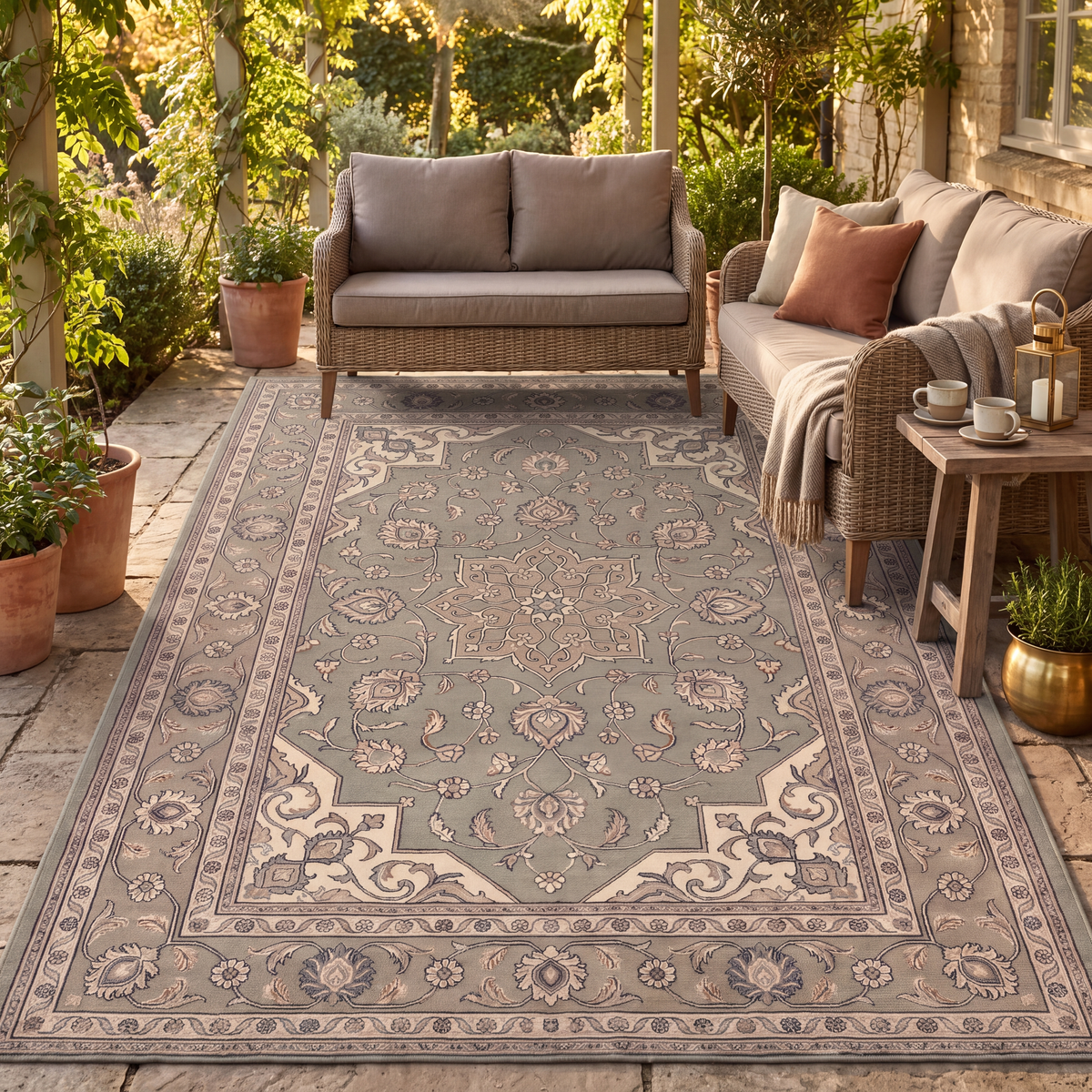 The rug laid flat on a patio beside outdoor seating.
