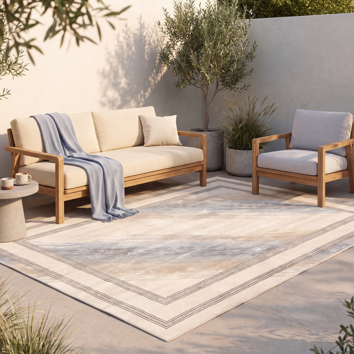 The rug laid flat on a patio beside outdoor seating.