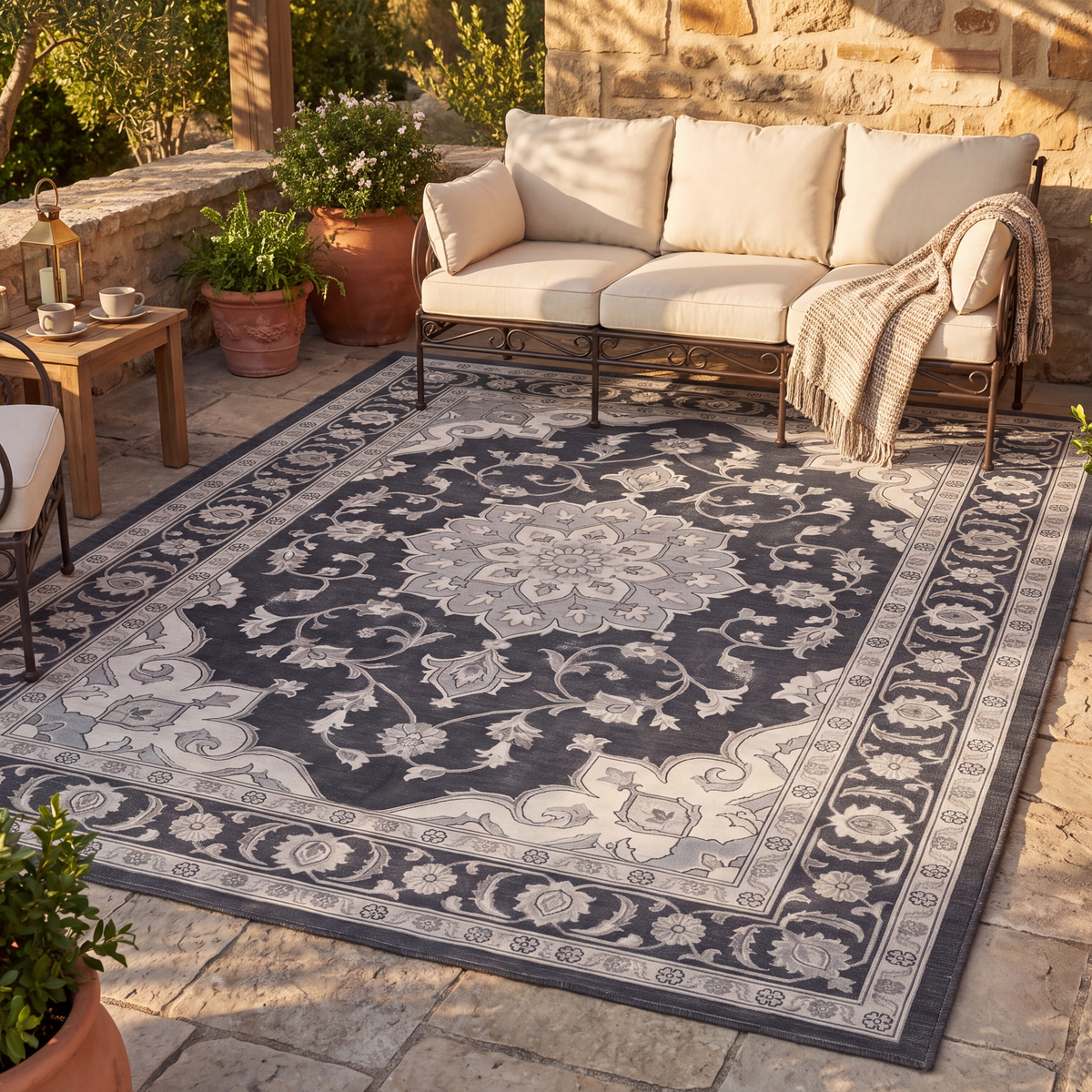 The rug laid flat on a patio beside outdoor seating.