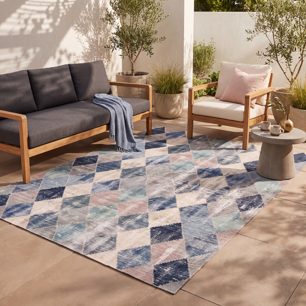 The rug laid flat on a patio beside outdoor seating.