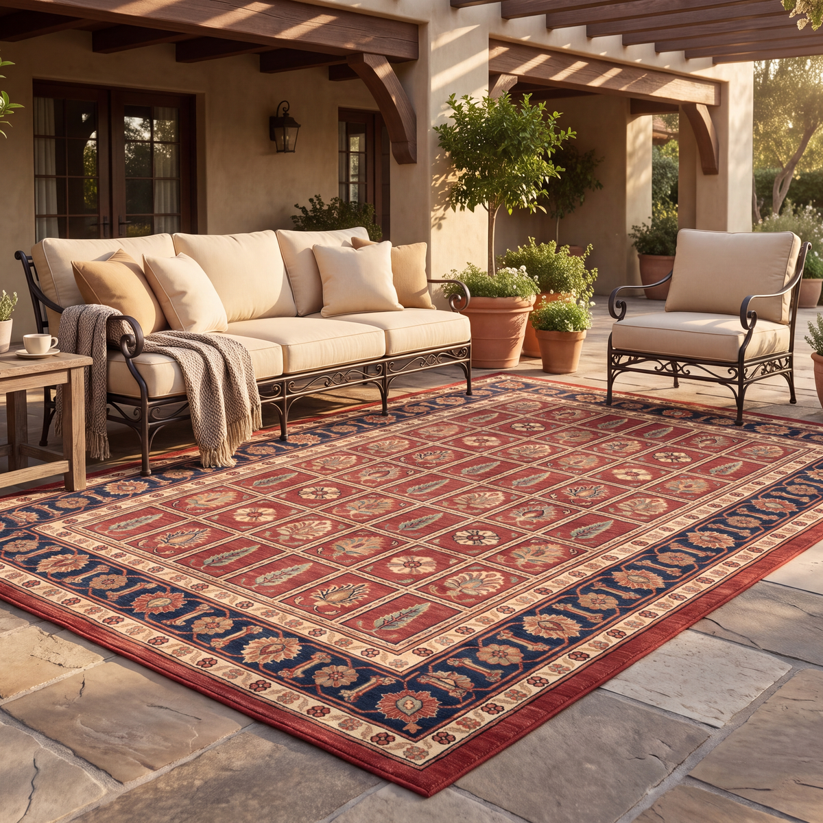 The rug laid flat on a patio beside outdoor seating.