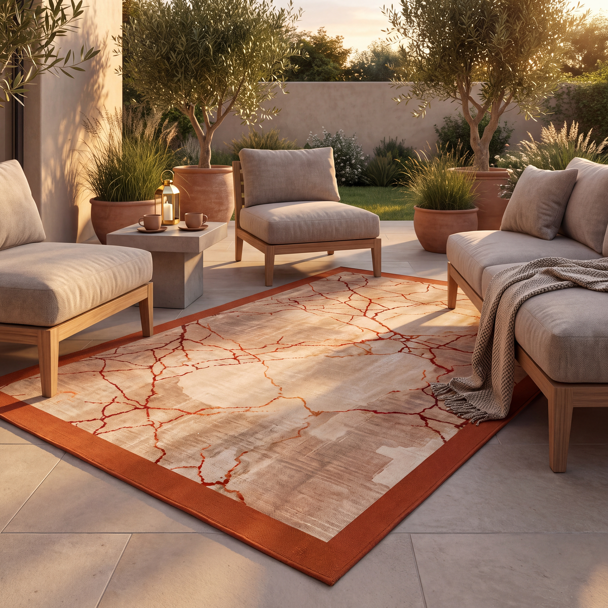 The rug laid flat on a patio beside outdoor seating.