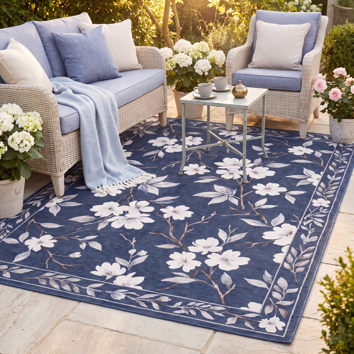 The rug laid flat on a patio beside outdoor seating.
