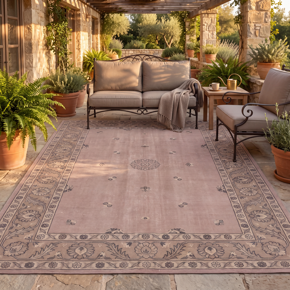 The rug laid flat on a patio beside outdoor seating.