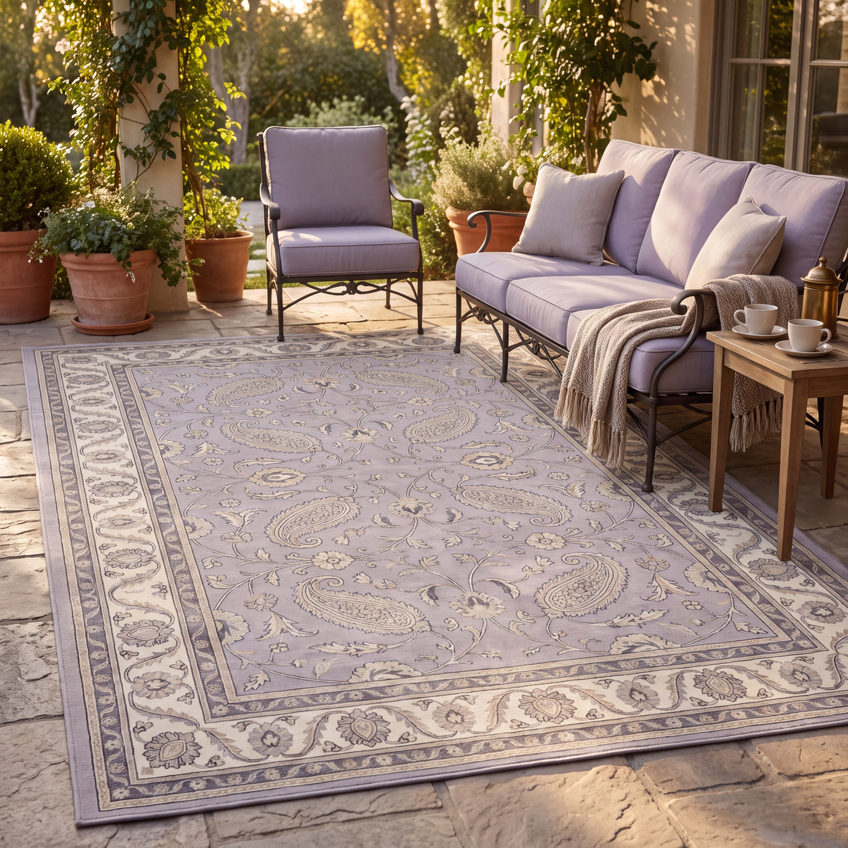 The rug laid flat on a patio beside outdoor seating.