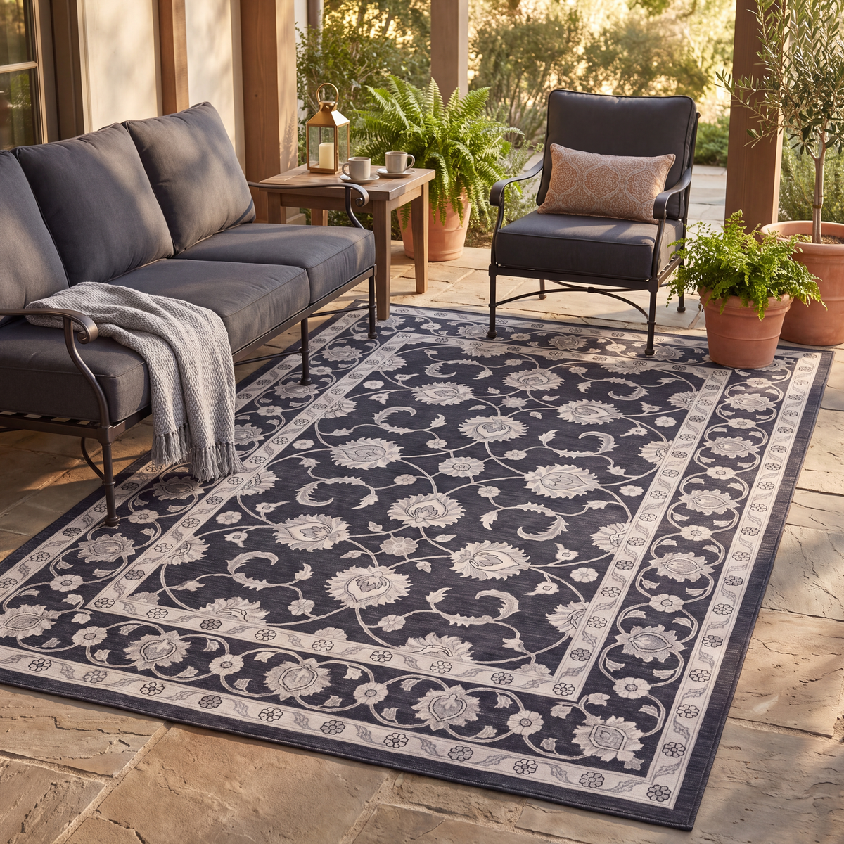 The rug laid flat on a patio beside outdoor seating.
