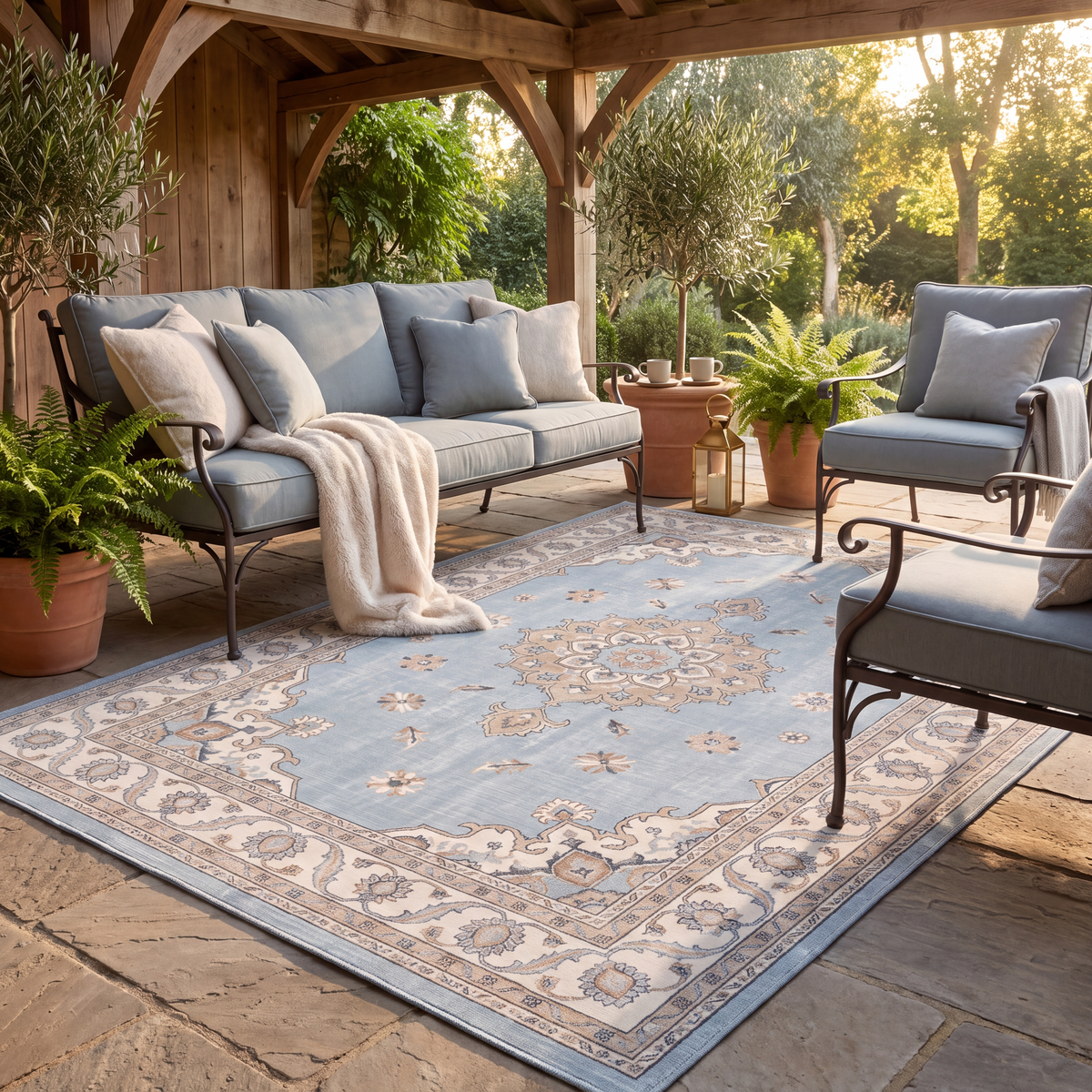 The rug laid flat on a patio beside outdoor seating.