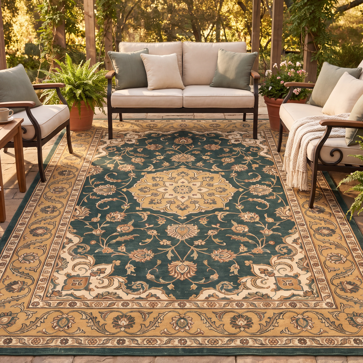 The rug laid flat on a patio beside outdoor seating.