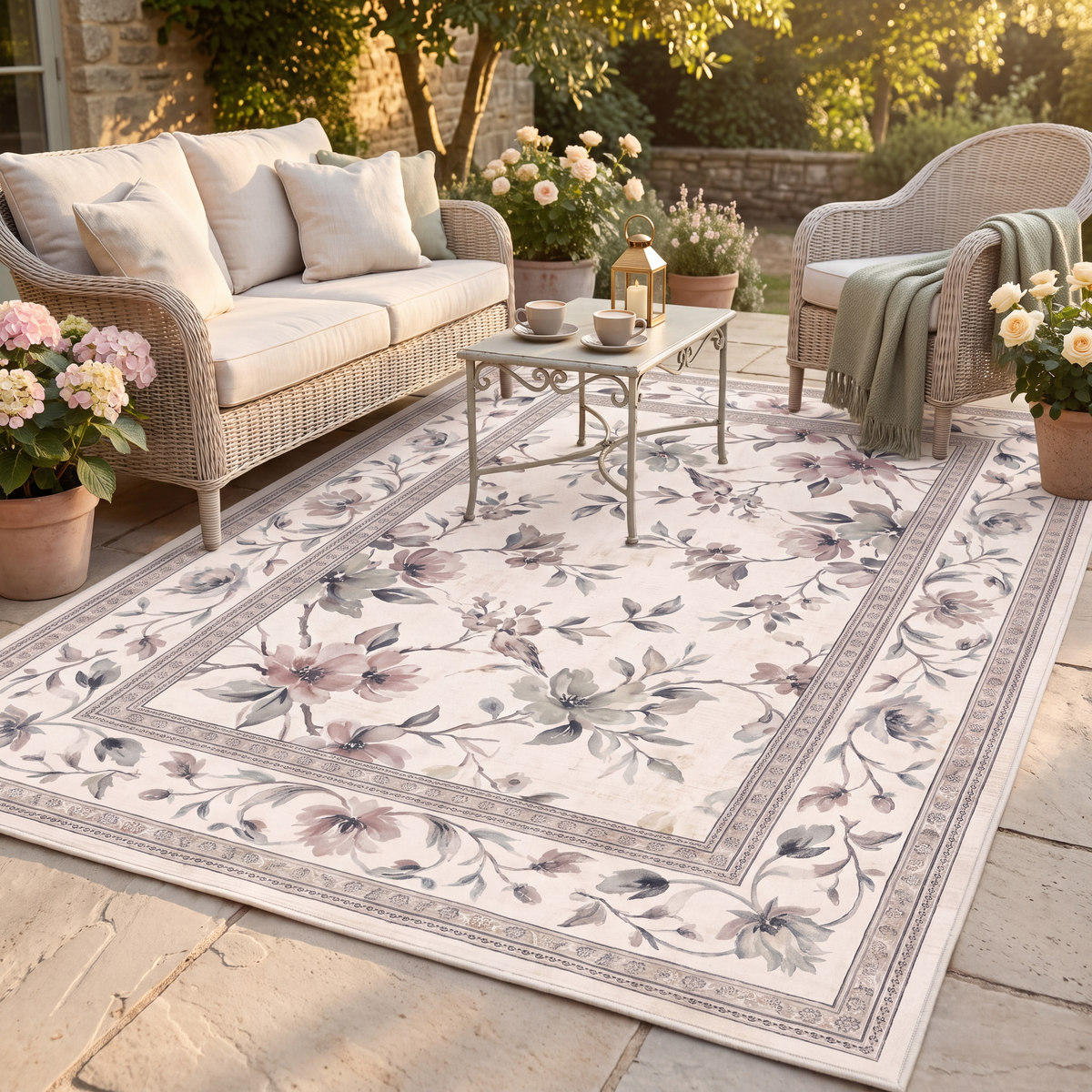 The rug laid flat on a patio beside outdoor seating.