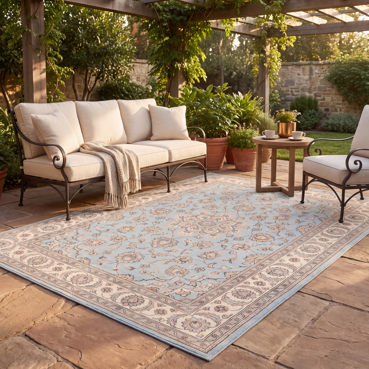 The rug laid flat on a patio beside outdoor seating.
