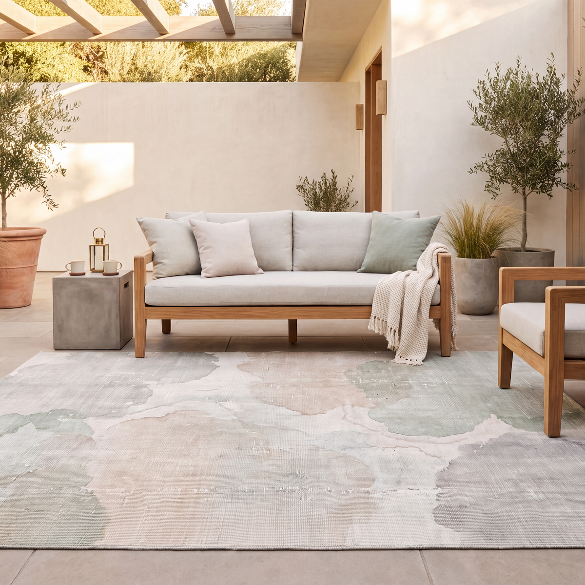 The rug laid flat on a patio beside outdoor seating.