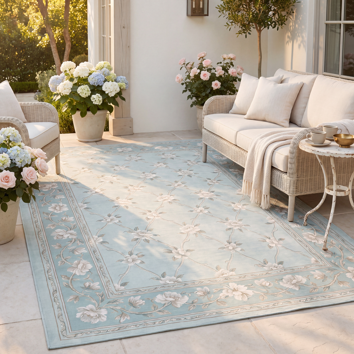 The rug laid flat on a patio beside outdoor seating.